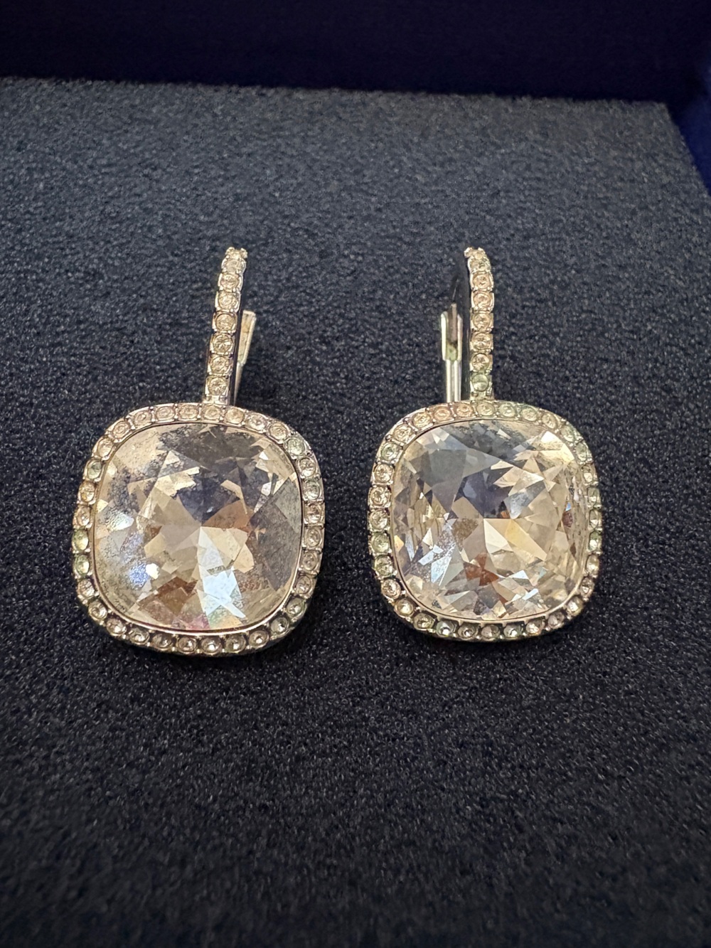 Swarovski Cushion Cut Crystal Drop Earrings |  Silver Tone Pavé Halo